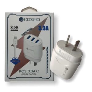 CABEZAL CARGADOR KOSMO 3.3A + Cable de carga Tipo C o Micro USB